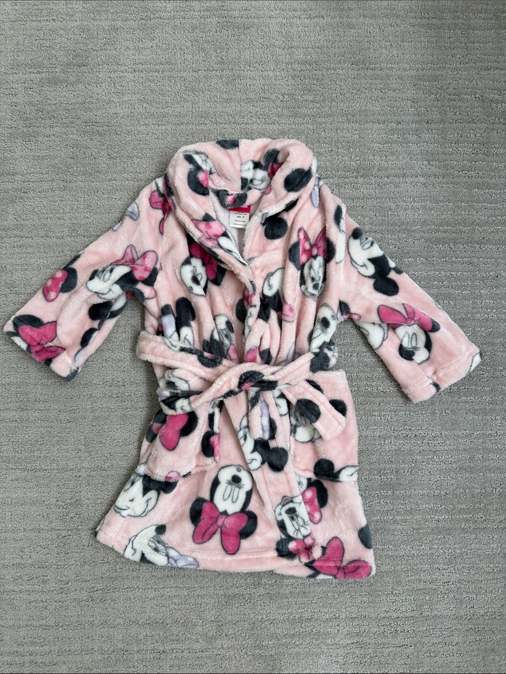 Disney Pink Minnie Mouse Plush Hooded Kids Robe with Tie